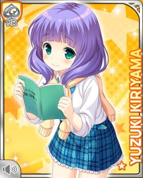 1girl blue_bow blue_skirt blunt_bangs book bow button card_(medium) character_name closed_mouth girlfriend_(kari) green_eyes kiriyama_yuzuki looking_at_viewer official_art plaid_clothes plaid_skirt purple_hair qp:flapper school_uniform shirt skirt smile solo tagme tied_sweater white_shirt yellow_background
