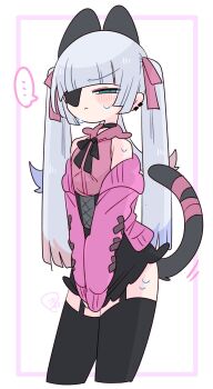 ... 1boy animal_ears armpit_crease bare_shoulders black_choker black_corset black_skirt black_thighhighs blue_eyes blue_hair blunt_bangs blush bow cardigan cat_boy cat_ears cat_tail choker closed_mouth clothes_grab collared_shirt colored_tips commentary corset covering_crotch covering_privates cowboy_shot crossdressing crossdressing_(mtf) earclip extra_ears eyepatch flipped_hair frilled_shirt_collar frills frown furrowed_brow garter_straps grey_tail hair_bow highres jirai_kei long_hair long_sleeves looking_at_viewer male_focus miniskirt multicolored_hair narrowed_eyes no_nose off_shoulder one_eye_covered op_na_yarou open_cardigan open_clothes original pink_bow pink_cardigan pink_ribbon pink_shirt quad_tails red_hair ribbon rigel_(op_na_yarou) shirt sidelocks simple_background skirt sleeveless sleeveless_shirt sleeves_past_fingers sleeves_past_wrists solo speech_bubble spoken_ellipsis standing straight_hair sweat tail tail_ornament tail_ribbon thighhighs thighs trap v_arms very_long_hair watermark white_background white_hair