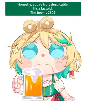 1girl alcohol arvarosart barmaid beer beer_mug blonde_hair blue_eyes blue_hair cecilia_immergreen colored_inner_hair commentary cup doll_joints dress english_commentary english_text green_dress highres holding holding_cup hololive hololive_english joints looking_at_viewer mug multicolored_hair solo virtual_youtuber winding_key