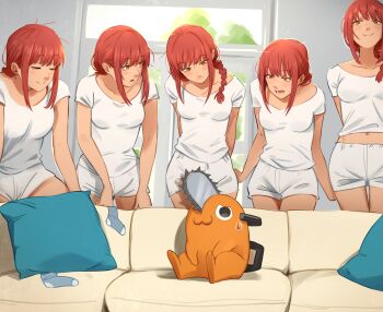 5girls :o absurdres braid chainsaw_man closed_eyes couch day highres indoors khyle. long_hair makima_(chainsaw_man) meme midriff multiple_girls multiple_persona navel open_mouth orange_eyes pillow piper_perri_surrounded_(meme) pochita_(chainsaw_man) red_hair shirt short_sleeves shorts sidelocks sitting smile socks standing white_shirt white_shorts