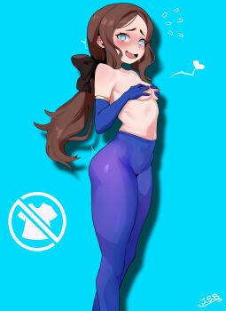 1girl absurdres ass black_bow blue_eyes blue_gloves blue_pantyhose blurry blurry_background bow brown_hair collarbone elbow_gloves embarrassed fate/grand_order fate_(series) flustered flying_sweatdrops gloves hair_bow heart highres huge_filesize j.s.b justasillybell leonardo_da_vinci_(fate) leonardo_da_vinci_(fate/grand_order) leonardo_da_vinci_(rider)_(fate) loli long_hair looking_at_viewer navel nipples open_mouth pantyhose sidelocks simple_background solo standing tongue topless_female