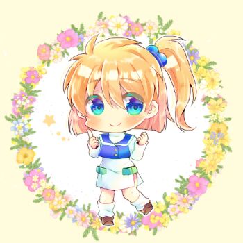 1girl beige_background blonde_hair blue_eyes blue_jacket blush brown_shoes chibi closed_mouth commentary_request commission dress female_focus floral_background flower full_body hair_between_eyes hair_bobbles hair_ornament hands_up index_finger_raised jacket kou_hiyoyo long_sleeves looking_at_viewer loose_socks lowres one_side_up pink_flower presia_zenoskis purple_flower shoes sleeveless sleeveless_jacket smile socks solo standing standing_on_one_leg star_(symbol) super_robot_wars super_robot_wars_the_lord_of_elemental two-tone_background white_background white_dress white_flower white_socks yellow_flower