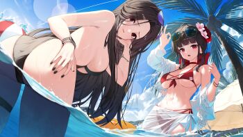 2girls absurdres ass bare_shoulders beach bikini black_bikini black_hair black_nails blue_sky blurry bokeh breasts coconut_tree commentary day depth_of_field eyewear_on_head fingernails flower goddess_of_victory:_nikke hair_flower hair_ornament highres huhi_(huhi_1211) large_breasts long_hair maiden_(nikke) maiden_(under_the_sun)_(nikke) multiple_girls multiple_views nail_polish off_shoulder official_alternate_costume open_clothes open_shirt outdoors palm_leaf palm_tree partially_submerged red_bikini red_eyes sakura_(bloom_in_summer)_(nikke) sakura_(nikke) sarong shirt sideboob sky swimsuit tree white_sarong white_shirt