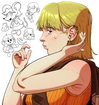 absurdres armpit_crease armpits ashley_graham ashley_graham_(mouse) blonde_hair ear_piercing highres joecanvas monkey non-web_source off-shoulder_sweater off_shoulder piercing red_eyes resident_evil resident_evil_4 short_hair short_sleeves simple_background sleeveless sleeveless_turtleneck sweat sweater turtleneck white_background