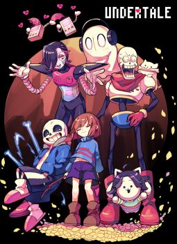 1other 3boys :3 angry annoying_dog black_background black_eyes blank_eyes blue_jacket blue_sweater bone brown_footwear brown_hair closed_eyes closed_mouth copyright_name frisk_(undertale) full_body grin hair_over_one_eye headphones highres holding holding_stick hood hooded_jacket jacket mettaton mettaton_ex midriff_peek mouth_hold multiple_boys nagatsukiariake napstablook open_mouth papyrus_(undertale) petals pink_slippers red_footwear sans_(undertale) short_hair skeleton slippers smile solid_circle_eyes stick sweater temmie undertale utdr_(toby_fox)
