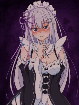Rule 34 | 1girl, black sleeves, blush, borrowed clothes, breasts, cleavage, closed mouth, cowboy shot, detached sleeves, dress, elf, emilia (re:zero), finger to mouth, hair ornament, hair ribbon, hand up, heart, highres, kaedemarine, large breasts, long hair, maid headdress, pointy ears, purple eyes, purple ribbon, re:zero kara hajimeru isekai seikatsu, ribbon, roswaal mansion maid uniform, sleeveless, sleeveless dress, solo, white hair, x hair ornament