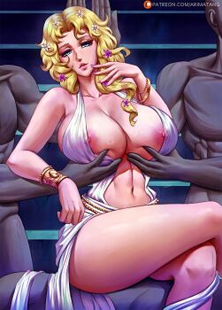 1girl 2boys 3d abs absurdres aphrodite_(shuumatsu_no_valkyrie) areola_slip arimatang blonde_hair blue_eyes bracelet breasts crossed_legs dark-skinned_male dark_skin highres huge_breasts jewelry lips multiple_boys nail_polish navel nipples no_bra patreon patreon_username see-through_clothes shuumatsu_no_valkyrie thick_thighs thighs