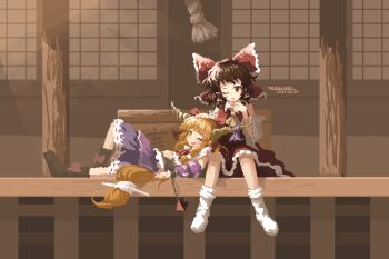 Rule 34 | 02charaice20, 2girls, absurdres, ascot, blonde hair, boots, bow, box, brown boots, brown eyes, brown hair, brown horns, commentary, detached sleeves, donation box, english commentary, frilled bow, frilled hair tubes, frills, gourd, hair bow, hair tubes, hakurei reimu, headpat, highres, horn ornament, horn ribbon, horns, ibuki suika, long hair, multiple girls, one eye closed, oni, open mouth, pixel art, purple skirt, red bow, red skirt, ribbon, ribbon-trimmed sleeves, ribbon trim, shirt, sitting, skirt, skirt set, smile, socks, touhou, white shirt, white socks, yellow ascot, yellow eyes