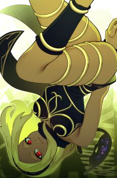 1girl arms_behind_back black_dress blonde_hair breasts commentary dark-skinned_female dark_skin dress gravity_daze highres kitten_(gravity_daze) long_hair looking_at_viewer own_hands_together razalor sleeveless sleeveless_dress solo thighs upside-down