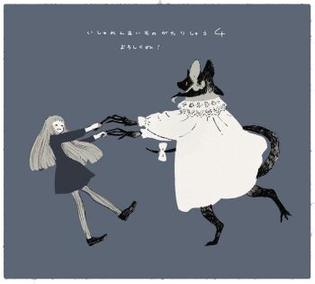 1boy 1girl black_fur body_fur bow claws commentary_request dancing dress full_body furry furry_male grey_background grey_dress grey_hair holding_hands horns long_hair low_horns monster nagabe orange_eyes original simple_background tail tail_bow tail_ornament translation_request very_long_hair white_bow white_dress
