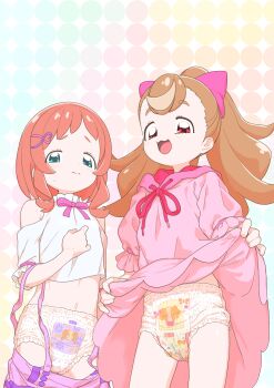 2girls absurdres bare_shoulders blue_eyes bow bowtie brown_hair closed_mouth clothes_lift clothes_pull clothing_cutout commentary_request cowboy_shot crop_top diaper diaper_under_clothes dot_nose dress dress_lift flat_chest furrowed_brow hair_bow hair_ornament hairclip heart heart_hair_ornament highres hood hood_down hooded_dress inukai_iroha inukai_komugi kohakuwestale loli long_hair looking_at_viewer medium_hair midriff multiple_girls navel open_mouth orange_hair pee pink_bow pink_bowtie pink_dress pink_shorts precure print_diaper puffy_short_sleeves puffy_sleeves pull-up_diaper red_eyes shirt short_sleeves shorts shorts_pull shoulder_cutout smile suspender_shorts suspenders sweat variant_set wet_diaper white_shirt wonderful_precure!