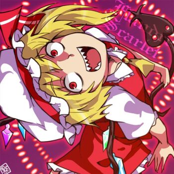 1girl blonde_hair character_name commentary_request crazy_smile crystal_wings danmaku flandre_scarlet frilled_skirt frills hat holding holding_weapon kuroinu0067 looking_up red_eyes red_vest sharp_teeth shirt side_ponytail skirt smile solo teeth touhou vest weapon white_hat white_shirt wings