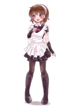 1girl :d absurdres aoihenzelu apron arm_at_side arm_warmers ascot back_ribbon black_arm_warmers black_boots black_dress black_pantyhose blush boots breasts brooch brown_hair collared_dress commentary dress fingernails frilled_apron frills full_body hair_between_eyes hair_ornament hairpin hand_on_own_chest headdress highres jewelry lace-up_boots lips lipstick looking_at_viewer maid maid_headdress makeup medium_hair open_mouth original pantyhose pigeon-toed pink_eyes pink_lips pleated_dress puffy_short_sleeves puffy_sleeves red_ascot ribbon shadow short_dress short_sleeves simple_background small_breasts smile solo standing v-neck white_apron white_background white_headdress white_ribbon