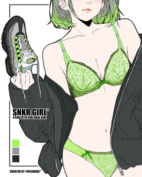 1girl artist_name bambi_surprise black_jacket bra breasts closed_mouth color_guide commentary english_text eyes_out_of_frame flat_color green_bra green_hair green_panties head_out_of_frame highres holding holding_shoes holding_unworn_clothes inset_border jacket lingerie long_sleeves medium_breasts navel off_shoulder open_clothes open_jacket original panties puffy_long_sleeves puffy_sleeves shoes sneakers solo underwear unworn_shoes upper_body white_background zipper_pull_tab