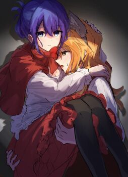 2girls animal_ear_hairband animal_ears aracari black_pantyhose blonde_hair blue_eyes blue_hair blush bow bowtie breasts capelet carrying carrying_person chibana_sumika cleavage commentary_request fake_animal_ears hair_bun hairband highres long_hair looking_at_viewer mamiya_kanoko multiple_girls pantyhose red_bow red_bowtie red_capelet red_skirt shirt sidelocks skirt sweatdrop watashi_no_yuri_wa_oshigoto_desu! white_shirt wolf_ears yellow_eyes yuri