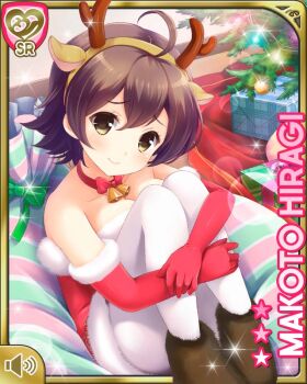 1girl ahoge animal_ears bare_shoulders boots bow bow_choker breasts brown_boots brown_eyes brown_hair card_(medium) character_name choker dress elbow_gloves embarrassed fake_animal_ears fake_horns girlfriend_(kari) gloves hiragi_makoto_(girlfriend_(kari)) horn_ornament horns hugging_own_legs knees looking_at_viewer official_art pantyhose qp:flapper raised_inner_eyebrows red_gloves santa_costume short_dress short_hair sitting smile solo thighs white_pantyhose