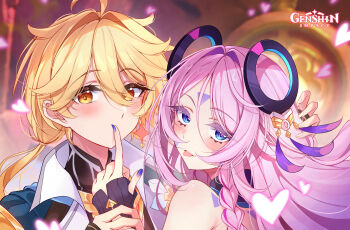 1boy 1girl :p aether_(as_heaven_and_earth_are_made_anew)_(genshin_impact) aether_(genshin_impact) ahoge bare_shoulders black_gloves blonde_hair blue_eyes blush braid citlali_(genshin_impact) commentary earrings english_commentary facial_mark finger_to_mouth fingerless_gloves fingernails floating_headgear forehead_mark from_side genshin_impact gloves hand_on_another's_wrist headgear highres jewelry long_hair midori_(midori13579) nail_polish official_alternate_costume pink_hair pink_pupils purple_nails single_earring tongue tongue_out triangle triangle_facial_mark very_long_hair yellow_eyes