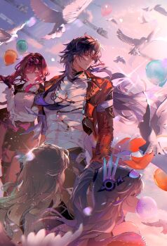 1boy 3girls balloon beads bird blade_(honkai:_star_rail) blue_hair chewing_gum commentary_request curtained_hair earrings eyewear_on_head firefly_(honkai:_star_rail) gloves grey_hair hair_between_eyes hair_ornament highres honkai:_star_rail honkai_(series) jacket jewelry kafka_(honkai:_star_rail) long_hair mortenax_blade_(honkai:_star_rail) multiple_girls necklace omces96 open_clothes open_jacket purple_eyes purple_hair red_eyes shirt silver_wolf_(honkai:_star_rail) silver_wolf_(lv.999)_(honkai:_star_rail) stellaron_hunters_(honkai:_star_rail) tassel toned toned_male too_many too_many_birds very_long_hair