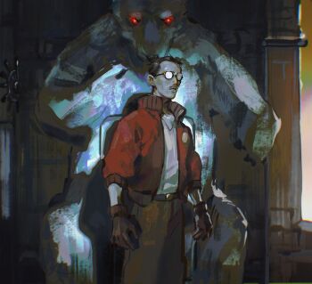 1boy bear black-framed_eyewear black_hair brown_gloves brown_pants cowboy_shot disco_elysium facial_hair glasses gloves glowing glowing_eyes highres jacket kim_kitsuragi male_focus mimulishizi mustache_stubble pants parted_lips red_eyes red_jacket round_eyewear shirt short_hair solo standing stubble white_shirt