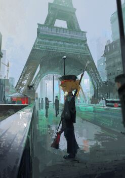 Rule 34 | 1girl, absurdres, blonde hair, blue eyes, building, commentary request, eiffel tower, green hat, green jacket, green pants, gun, hat, highres, holding, holding gun, holding weapon, jacket, koukouya, long hair, long sleeves, looking at viewer, military hat, military jacket, military uniform, outdoors, pants, people, ponytail, rifle, shoes, tanya degurechaff, weapon, youjo senki
