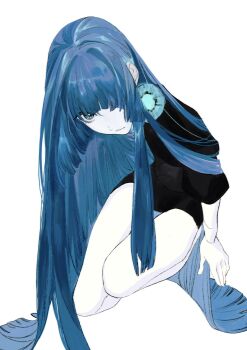 1other bare_legs black_shirt black_shorts blue_eyes blue_hair colored_skin earrings gem_uniform_(houseki_no_kuni) highres houseki_no_kuni jewelry lapis_lazuli_(houseki_no_kuni) long_hair looking_at_viewer opood other_focus puffy_short_sleeves puffy_sleeves seiza shirt short_shorts short_sleeves shorts simple_background sitting skinny solo thighs very_long_hair white_background white_skin