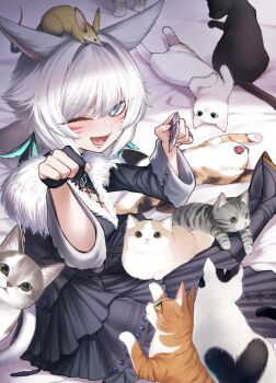 Rule 34 | 1girl, ;d, alphy, animal, animal on head, animal request, bed sheet, black boots, black cat, black dress, black gloves, blush, boots, breasts, cat, claw ring, commentary request, dress, facial mark, fangs, final fantasy, final fantasy xiv, fur-trimmed dress, fur trim, gloves, grey eyes, hair between eyes, highres, long sleeves, medium breasts, miqo'te, on head, one eye closed, open mouth, partially fingerless gloves, sitting, smile, solo, whisker markings, white cat, white hair, wide sleeves, y'shtola rhul