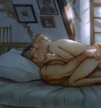 2boys anal bed blonde_hair blush brown_hair closed_eyes commentary completely_nude crack cracked_wall english_commentary feet_out_of_frame hands_on_another&#039;s_face highres indoors kiss lying male_focus male_penetrated multiple_boys nude on_back original penis picture_frame pillow rosary sex short_hair straddling undercut wayriding_(dovegraveyard) window yaoi