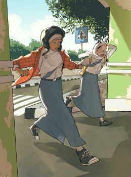 2girls black_shoes blue_sky cloud collared_shirt commentary day english_commentary glasses grey_necktie grey_skirt hijab jacket long_skirt multiple_girls necktie open_clothes open_jacket open_mouth orange_jacket original outdoors plaid_clothes plaid_jacket shirt shoes sign skirt sky tree white_hijab white_shirt winchestermegg