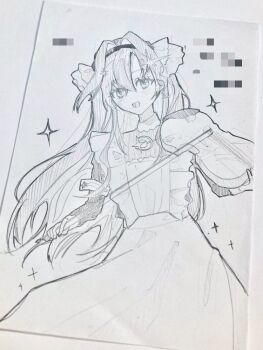 Rule 34 | 1girl, :d, apron, bow (music), censored, dress, frilled apron, frills, graphite (medium), greyscale, hair intakes, hairband, holding, holding bow (music), holding instrument, holding violin, instrument, jiedu (gedoku 1), long hair, looking at viewer, monochrome, mosaic censoring, music, open mouth, photo (medium), playing instrument, reverse:1999, school uniform, smile, solo, soviet school uniform, sparkle, traditional media, upper body, violin, voyager (reverse:1999)