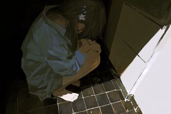 Rule 34 | 0k sic, 1girl, barefoot, bottomless, brown hair, flower, from above, hair flower, hair ornament, head down, highres, indoors, jacket, long hair, long sleeves, original, puffy long sleeves, puffy sleeves, sidelocks, solo, squatting, white flower, white jacket