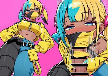 1boy 1girl absurdres bandeau belt black_belt blue_eyes blush canari_(pokemon) commentary_request eyelashes fellatio fellatio_under_mask half-closed_eyes hetero highres jacket long_sleeves mask mouth_mask multicolored_hair multiple_views navel nintendo open_clothes open_jacket oral pants pikumin64 pink_background pokemon pokemon_legends:_z-a short_twintails textless_version twintails yellow_bandeau yellow_jacket zipper zipper_pull_tab