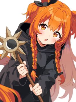 1girl alternate_costume alternate_hairstyle animal_ears black_ribbon blush bow braid commentary cosplay ear_ribbon highres holding holding_staff horse_ears horse_girl horse_tail inuyama_nanami kukuri_(mahoujin_guruguru) kukuri_(mahoujin_guruguru)_(cosplay) long_hair looking_at_viewer mage_staff mahoujin_guruguru mayano_top_gun_(umamusume) open_mouth orange_hair ribbon simple_background solo staff tail twin_braids two_side_up umamusume white_background