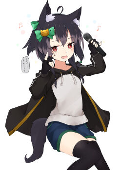 1girl absurdres ahoge animal_ear_fluff animal_ears beamed_sixteenth_notes black_gloves black_hair black_jacket black_thighhighs blue_shorts bow cat_hair_ornament commentary_request drawstring eighth_note fingerless_gloves fox_shadow_puppet gloves green_bow hair_between_eyes hair_bow hair_ornament hands_up highres holding holding_microphone jacket long_sleeves looking_at_viewer microphone multicolored_hair musical_note nyaha open_mouth original ponytail puffy_long_sleeves puffy_sleeves red_eyes shirt shorts simple_background solo streaked_hair tail thighhighs translation_request white_background white_shirt