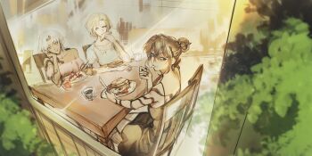 3girls absurdres arm_tattoo black_hair bob_cut bush chair commentary dutch_angle eating elbow_rest english_commentary food hair_bun head_rest highres light_rays logicsterrr multiple_girls pancake pancake_stack plate pov rain_(shadow_slave) sandwich shadow_slave short_hair sitting table tamar_(shadow_slave) tattoo telle_(shadow_slave) wainscoting