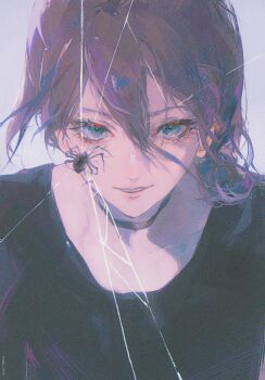 1girl black_choker black_shirt black_widow_(spider) blue_eyes bug chainsaw_man choker commentary hair_between_eyes highres kokoc looking_at_viewer purple_hair reze_(chainsaw_man) shirt silk solo spider spider_web untranslatable_commentary