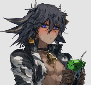 1boy animal_print bell black_hair black_jacket blue_eyes blush brown_gloves collar cow_horns cow_print cowbell drink_carton ear_tag facing_to_the_side flustered fudo_yusei gloves holding holding_juice_box horns jacket juice_box liquid looking_down looking_to_the_side male_focus momentcorefly open_clothes open_jacket spiked_hair sweat sweatdrop tag topless_male water water_drop white_jacket yu-gi-oh! yu-gi-oh!_5d's