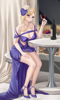 1girl absurdres alcohol alternate_costume apple azur_lane bare_legs bare_shoulders blonde_hair blue_dress blue_eyes blue_shoes bottle breasts bridal_gauntlets chinese_commentary cleavage collarbone commentary_request commission cup curtains dress drinking_glass flower food fruit fruit_bowl full_body grapes hair_flower hair_ornament high_heels highres holding holding_cup hood_(azur_lane) ichikushi_mojibake large_breasts long_dress looking_at_viewer pixiv_commission second-party_source shoes sitting smile solo stool table window wine wine_bottle wine_glass