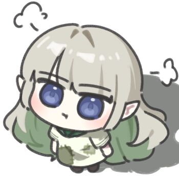 1girl arknights blue_eyes chibi chibi_only limbus_company long_hair mayors_(project_moon) patchwork_clothes pointy_ears project_moon puffy_cheeks tu1na white_background white_hair