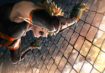 1boy absurdres bakugou_katsuki bare_shoulders blonde_hair blurry boku_no_hero_academia chain-link_fence cloud cloudy_sky covered_face crying depth_of_field detached_sleeves fence gloves head_down highres leaning_forward male_focus mitsuru_(aica_hikari) open_mouth outdoors outstretched_arms perspective sad sidelighting sky sobbing solo spiked_hair star_(sky) streaming_tears tears teeth toned toned_male twilight two-tone_gloves wire wrist_guards