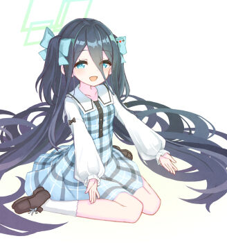 Rule 34 | 1girl, alternate costume, alternate hairstyle, aqua halo, aris (blue archive), black hair, blue archive, blue dress, blue eyes, blush, brown shoes, commentary, commentary request, dress, english commentary, hair between eyes, halo, highres, long hair, mixed-language commentary, open mouth, plaid clothes, plaid dress, sepia (kilikasumi), shoes, sitting, socks, solo, two side up, wariza, white socks