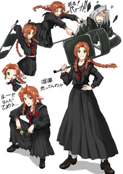1boy 1girl ;p aerith_gainsborough anger_vein black_jacket black_necktie black_sailor_collar black_serafuku black_shoes black_skirt blush braid braided_ponytail brown_hair chair collared_shirt delinquent drill_hair drill_sidelocks final_fantasy final_fantasy_vii final_fantasy_vii_remake folding_chair food green_eyes grey_hair grin hair_ribbon hand_on_own_hip highres hitting holding holding_chair holding_food jacket long_hair long_skirt long_sleeves looking_at_viewer multiple_views neckerchief necktie one_eye_closed parted_bangs pink_ribbon ponytail red_neckerchief ribbon sailor_collar school_uniform sephiroth serafuku shirt shoes sidelocks simple_background skirt smile socks squatting standing star_(symbol) tongue tongue_out white_background white_shirt white_socks yufei1236