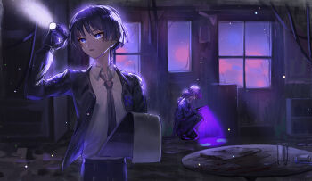 1boy 1girl alternate_costume alternate_universe arm_at_side black_footwear black_gloves black_hair black_jacket black_pants black_sleeves blunt_ends braid bright_pupils collared_shirt colored_inner_hair contemporary cup detective door dress_pants dress_shirt eyeliner eyeshadow fbi flashlight footprints fuli_(narumiyafuri) genshin_impact glass gloves hand_up head_down highres holding holding_flashlight holding_sketchbook indoors jacket long_hair long_sleeves looking_down looking_up low-braided_long_hair low-tied_long_hair makeup mother_and_son multicolored_hair necktie newspaper open_clothes open_jacket open_mouth oxfords pants purple_eyes purple_hair purple_necktie raiden_shogun red_eyeliner red_eyeshadow scaramouche_(genshin_impact) shirt sidelocks sketchbook suit_jacket table ultraviolet_light white_pupils white_shirt window