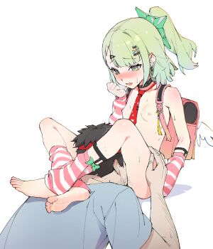 1boy 1girl arm_warmers backpack bag barefoot black_choker black_hair blush breasts choker clenched_hand cunnilingus green_eyes green_hair hair_ornament hairclip hetero highres invisible_floor leg_lock leg_warmers loli looking_at_another medium_hair necktie nipples open_mouth oral pink_arm_warmers pink_leg_warmers ponytail red_necktie shirt short_hair simple_background small_breasts spread_legs striped_arm_warmers striped_leg_warmers sunna_(zenless_zone_zero) toes two-tone_leg_warmers white_background yongchutafei zenless_zone_zero