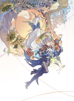 Rule 34 | 1boy, :d, ascot, black boots, black gloves, black pants, blue bow, blue coat, blue eyeshadow, blue hair, boots, bow, bow (music), coat, curtained hair, daisy (flower), eyeshadow, feather hair ornament, feathers, floating hair, flower, frilled sleeves, frills, full body, gaiters, genshin impact, gloves, hair between eyes, hair bow, hair ornament, highres, holding, holding bow (music), holding instrument, holding violin, instrument, leaf, long hair, long sleeves, looking at viewer, low-tied long hair, makeup, male focus, multicolored hair, musical staff, neuvillette (genshin impact), open mouth, pants, pointy ears, purple eyes, sleeve cuffs, slit pupils, smile, solo, streaked hair, string, sun, sunflower, thighhigh gaiters, thighhighs, twitter username, very long hair, violin, white ascot, white background, white flower, white hair, xuemen, yellow flower