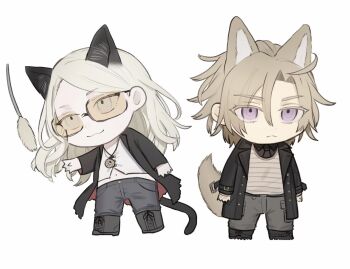 Rule 34 | 2boys, :3, animal ears, blonde hair, cat boy, cat ears, cat tail, chibi, chibi only, commentary request, daybit sem void, dog boy, dog ears, dog tail, fate/grand order, fate (series), full body, i tami sumi, jacket, kemonomimi mode, long hair, long sleeves, male focus, multiple boys, open clothes, pants, purple eyes, shirt, short hair, simple background, smile, sunglasses, tail, tezcatlipoca (fate), tinted eyewear, white background