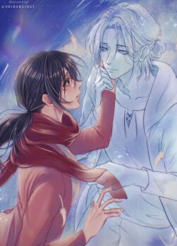 1boy 1girl breasts cardigan commentary couple cowboy_shot crying dress english_commentary eren_yeager facial_scar falling_feathers feathers ghost hair_between_eyes hair_bun half_updo hand_on_another's_cheek hand_on_another's_face hetero highres holding_another's_wrist hood hood_down hooded_jacket jacket light_smile long_hair looking_at_another medium_breasts medium_hair mikasa_ackerman parted_bangs parted_lips pink_cardigan ponytail red_scarf scar scar_on_cheek scar_on_face scarf shibaruirui shingeki_no_kyojin spirit tears twitter_username white_dress