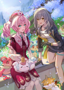 2girls absurdres animal animal_on_lap aqua_eyes aqua_hair beret black_gloves black_jacket black_skirt blue_horns breasts chimera_(honkai:_star_rail) commentary_request crown dress gloves grass grey_hair hat highres honkai:_star_rail honkai_(series) horns hyacine_(honkai:_star_rail) isome jacket little_ica_(honkai:_star_rail) medium_hair multicolored_hair multiple_girls on_lap open_mouth outdoors pink_hair red_dress revision shirt sitting skirt small_breasts smile stelle_(honkai:_star_rail) thigh_strap trailblazer_(honkai:_star_rail) twintails two-tone_hair white_shirt yellow_eyes