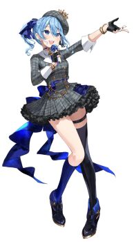 Rule 34 | 1girl, :d, ascot, asymmetrical legwear, asymmetrical sidelocks, bead bracelet, beads, beret, black gloves, black shoes, black thighhighs, blue ascot, blue choker, blue eyes, blue hair, blue ribbon, blue socks, bracelet, buttons, choker, collared shirt, commentary, crown, double-breasted, double-parted bangs, earrings, frilled skirt, frills, gloves, grey hat, grey jacket, grey skirt, hair between eyes, hair ribbon, hat, highres, holding, holding microphone, hololive, hoshimachi suisei, hoshimachi suisei (1st costume), jacket, jewelry, kneehighs, meltyrice, microphone, mini crown, miniskirt, open mouth, outstretched arm, partially fingerless gloves, plaid clothes, plaid hat, plaid jacket, plaid skirt, pleated skirt, ribbon, shirt, shoes, short hair, side ponytail, sidelocks, simple background, single kneehigh, single sock, single thighhigh, skirt, skirt set, sleeve cuffs, smile, socks, solo, star (symbol), star earrings, star in eye, symbol in eye, teeth, thigh strap, thighhighs, tilted headwear, uneven legwear, upper teeth only, virtual youtuber, white background, white shirt