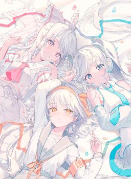3girls alternate_hair_color aqua_eyes aqua_necktie armband bare_shoulders blue_eyes bow breasts closed_mouth commentary commentary_request detached_sleeves frilled_bow frills hair_bow hair_ribbon hairband hakurei_reimu hatsune_miku kita_high_school_uniform long_hair long_sleeves looking_at_viewer lying medium_hair multiple_girls necktie orange_hairband pink_eyes reia ribbon ribbon-trimmed_sleeves ribbon_trim sailor_collar school_uniform serafuku shirt skirt suzumiya_haruhi suzumiya_haruhi_no_yuuutsu touhou twintails very_long_hair vocaloid white_hair white_shirt yellow_eyes