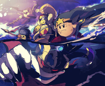 bandana bandana_waddle_dee bat_wings beak beanie belt belt_collar black_eyes blue_background blue_bandana blue_belt blue_gemstone blue_horns cape clenched_teeth closed_mouth collar colored_skin commentary_request copy_ability covered_mouth crown disembodied_hand duel fighting_stance flying frown fur-trimmed_robe fur_trim gem gloves glowing_gem green_headwear hammer hat hat_ornament holding holding_hammer holding_polearm holding_sword holding_weapon horns huge_weapon injury king_dedede kirby kirby's_return_to_dream_land kirby_(series) large_horns long_sleeves looking_ahead magolor master_crown meta_knight multicolored_horns nintendo no_humans no_mouth over_shoulder pink_skin polearm pom_pom_(clothes) pom_pom_beanie purple_footwear purple_horns purple_skin purple_wings rayman_limbs red_cape red_footwear red_headwear red_robe robe scarf shirushiki shoes shoulder_pads solid_eyes spear star_(symbol) star_hat_ornament sword sword_kirby teeth traitor_magolor two-tone_horns ultra_sword_kirby v-shaped_eyebrows v-shaped_eyes weapon weapon_over_shoulder white_gloves white_mask white_scarf winged_hat wings yellow_gloves yellow_headwear yellow_shoes